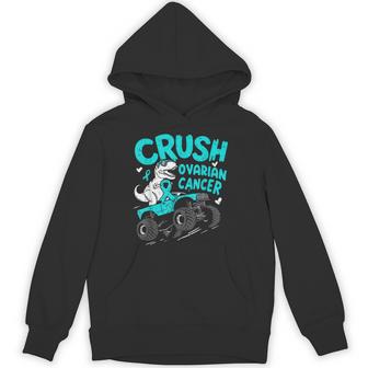 Crush Ovarian Cancer Awareness T Rex Dino Ribbon Teal Boys Hoodie - Thegiftio UK