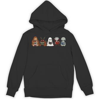 Cryptid Reading Halloween Bigfoot Mothman Ghost Alien Meme Hoodie - Thegiftio UK
