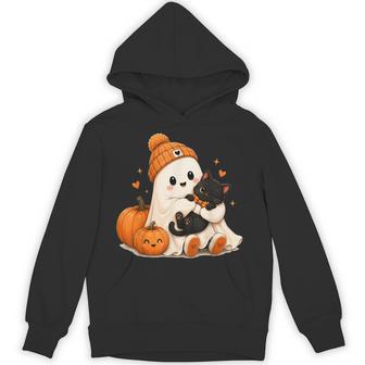 Cute Ghost Hugging Black Cat Autumn Halloween Pumpkin Hoodie - Thegiftio UK