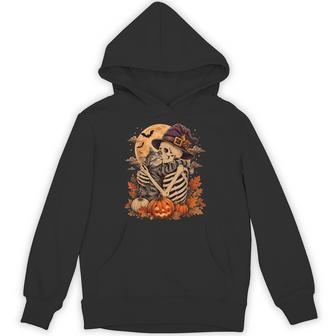 Cute Skeleton Hugging Cat Halloween Witch Hat Pumpkin Moon Hoodie - Thegiftio UK