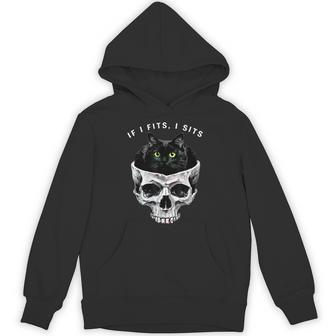 If I Fits I Sits Black Cat Skull Gothic Dark Humor Hoodie - Thegiftio UK
