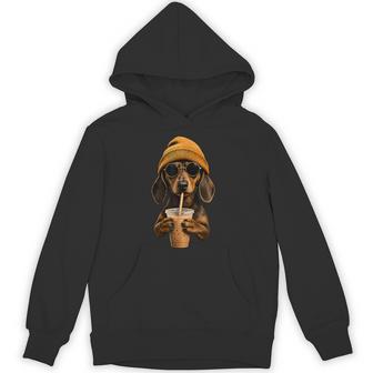Dachshund Hipster Dog Wiener Dog Drinking Iced Coffe Hoodie | Seseable UK