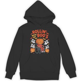Halloween Wheelchair Pampkin Handicap Joke Rollin With Boo's Hoodie - Thegiftio UK