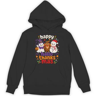 Happy Hallothanksmas Holiday Season Ghost Turkey Snowman Hoodie - Thegiftio UK