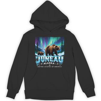 Juneau Alaska Grizzly Bear Northern Lights Summer Vacation Hoodie - Monsterry