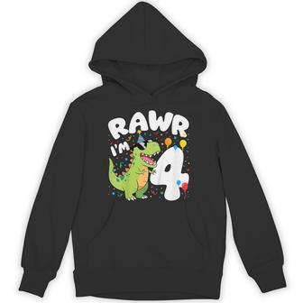 Kids 4Th Birthday Four Dinosaur 4 Year Old T Rex Dino Bday Boy Hoodie - Thegiftio UK