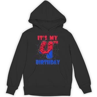 Kids It's My 4Th Birthday Spider Theme Party 4 Year Old Boys Kids Hoodie - Thegiftio UK