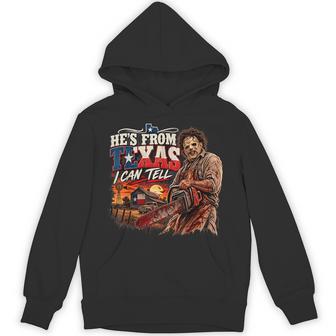 Novelty Spooky Halloween Chainsaw He's From Texas I Can Tell Hoodie - Thegiftio UK