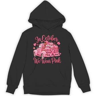In October We Wear Pink Gnome Pumpkin Truck Breast Cancer Hoodie - Thegiftio UK