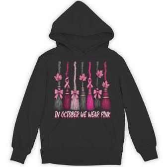 In October We Wear Pink Halloween Broom Witch Breast Cancer Hoodie - Thegiftio UK