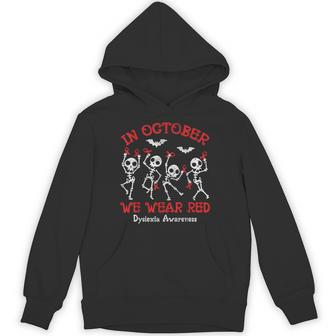In October We Wear Red Dyslexia Awareness Skeleton Halloween Hoodie - Thegiftio UK