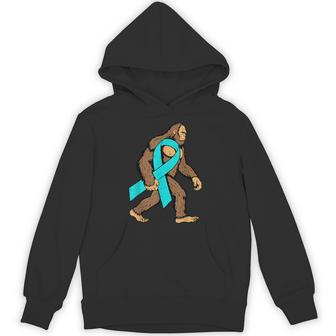 Ovarian Cancer Awareness Bigfoot Ribbon Teal Support Boy Hoodie - Thegiftio UK
