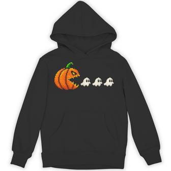 Pixel Pumpkin Chasing Ghosts Retro Arcade Gamer Halloween Hoodie - Thegiftio UK