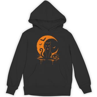 Spooky Halloween Black Cat Drip Orange Moon Pumpkin Retro Hoodie - Thegiftio UK