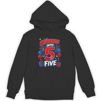 Swinging Into 5 Spider Web 5Th Birthday Boy Five Year Old Hoodie - Thegiftio UK