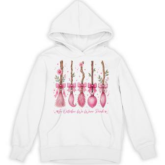 In October We Wear Pink Witches Brooms Spooky Breast Cancer Hoodie - Thegiftio UK