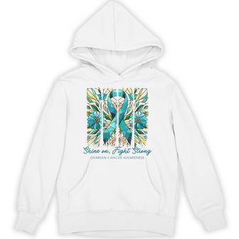 Shine On Fight Strong Ovarian Cancer Awareness Teal Ribbon Hoodie - Thegiftio UK