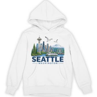 Vintage Iconic Seattle Washington Skyline Mount Rainier Hoodie - Thegiftio UK