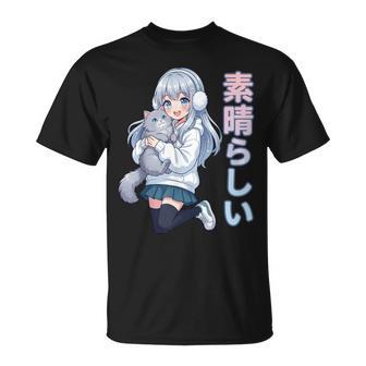 Adorable Manga Fille Avec Chat Kawaii Manga Otaku Japon Amoureux T-Shirt - Cadeauxyz