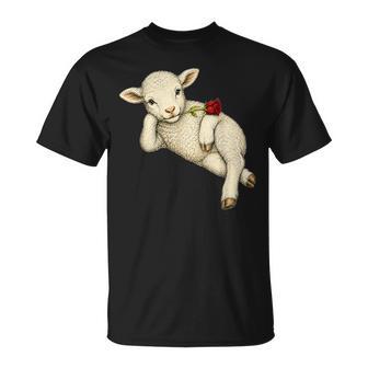 Agneau Mignon Romantique Fermier Ferme Brebis Fleur Rouge T-Shirt - Cadeauxyz