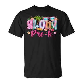 Aloha Pre K Teacher Flower Summer Beach Vacation First Day T-Shirt | Seseable UK