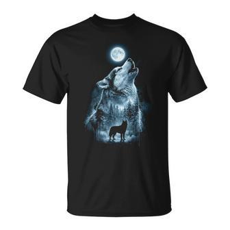 Arte De Lobo Aullador En Bosque Iluminado Por La Luna Camiseta unisex - Regaloses