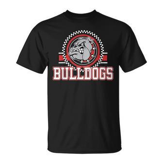 Bulldogs Checkered Print Logo Red Bulldog Mascot School T-Shirt | Seseable UK
