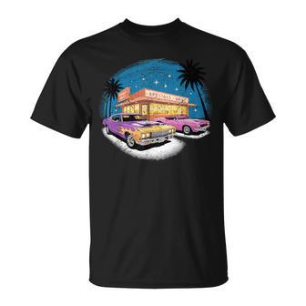 Colorido Muscle Cars Retro Diner Noche Escena Coche Clásico Camiseta unisex - Regaloses