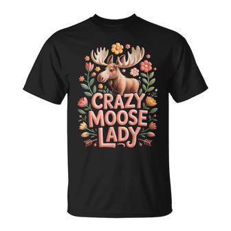 Crazy Moose Lady Floral Antlers Nature Lover Forest Animal T-Shirt | Seseable UK
