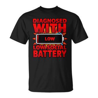 Diagnóstico Divertido Diagnosticado Con Baja Bateríaocial Cuello Camiseta unisex - Regaloses