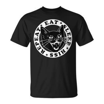 Divertido Gato Negro Comer Dormir Hiss Repeat Camiseta unisex - Regaloses