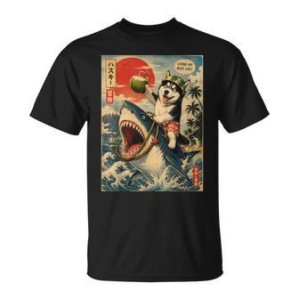 Divertido Perro Huskyiberiano Montando Tiburón Retro Estilo Japonés Camiseta unisex - Regaloses