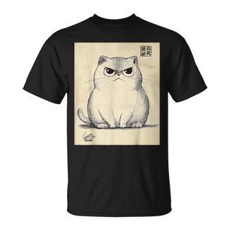 Drôle De Chat Japonais Gros Fâché Neko Esquisse Minimaliste T-Shirt - Cadeauxyz