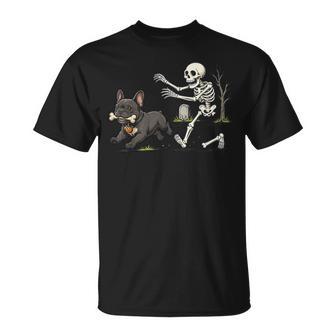 French Bulldog Dog Stealing Bone From Skeleton Halloween T-Shirt | Seseable UK