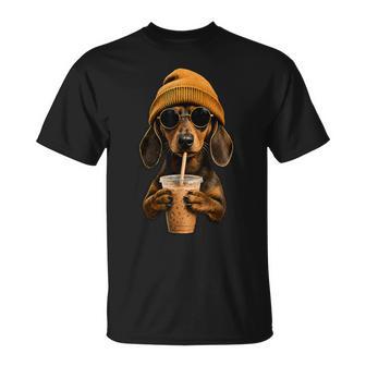 Dachshund Hipster Dog Wiener Dog Drinking Iced Coffe T-Shirt | Seseable UK