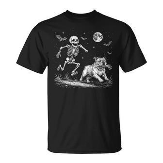 Skeleton Chasing English Bulldog Halloween Dog Mom Pet T-Shirt | Seseable UK