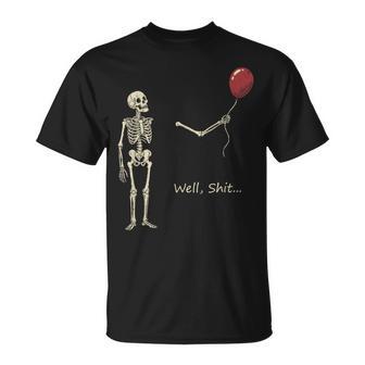 Skeleton Lost Balloon Well Shit Halloween Quirky Humor T-Shirt | Seseable UK