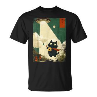 Guitare Ukulélé Avec Abduction De Chat Japonais Drôle Extraterrestre Ovni T-Shirt - Cadeauxyz