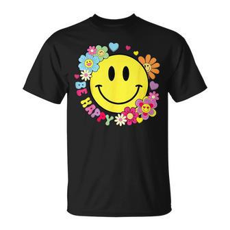 Be Happy Yellow Smile Face Hippie Smiling Face Groovy Retro T-Shirt - Thegiftio UK
