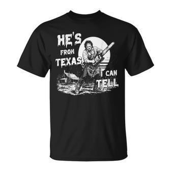 Hes From Texas I Can Tell Chainsaw Horror Halloween Graphic T-Shirt | Seseable UK