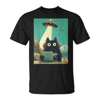 Jeuxidéo Japonais Noir Gamer Cat Abduction Ufo Graphic T-Shirt - Cadeauxyz