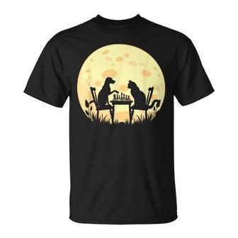 Jugador De Ajedrez Tablero De Ajedrez Gato Perro Y Hombres De Ajedrez Divertidos Camiseta unisex - Regaloses
