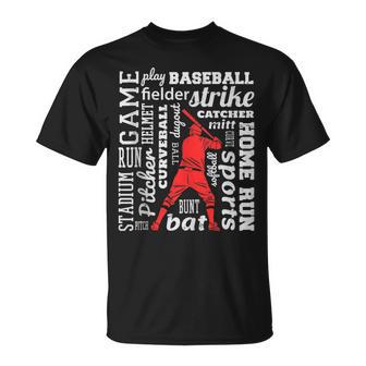 Jugador De Béisbol Con Nube De Palabras In Mangas Camiseta unisex - Regaloses