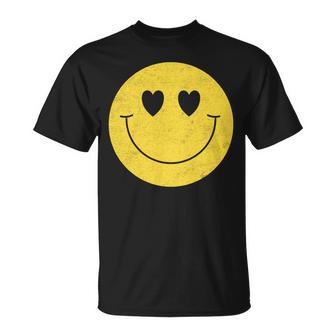 Lindos Ojos De Corazón Divertidos De Los Años 70 Caraonriente Feliz Amarilla Manga Larga Camiseta unisex - Regaloses