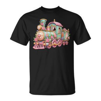 Locomotive Àapeur Romantique Avec Train De Fleurs Roses T-Shirt - Cadeauxyz