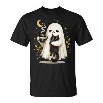 Meh Ghost Cat Spooky Black Cat Halloween Coffee Lover T-Shirt | Seseable UK