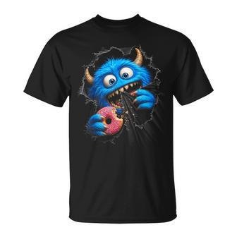 Monstruo Azul Peludo Con Donut Humor Goloso En Ilusión 3D Camiseta unisex - Regaloses