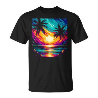 Orange And Aqua Sunset With Silhouetted Palm A Trees Beach T-Shirt - Thegiftio UK