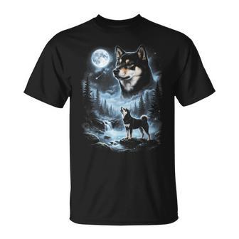 Perro Retro De Los 90Hiba Inu Aullando A La Luna Negro Y Tostado Camiseta unisex - Regaloses