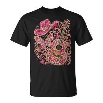 Pink Bling Cowgirl Guitar Western Rhinestone Butterfly T-Shirt | Seseable UK
